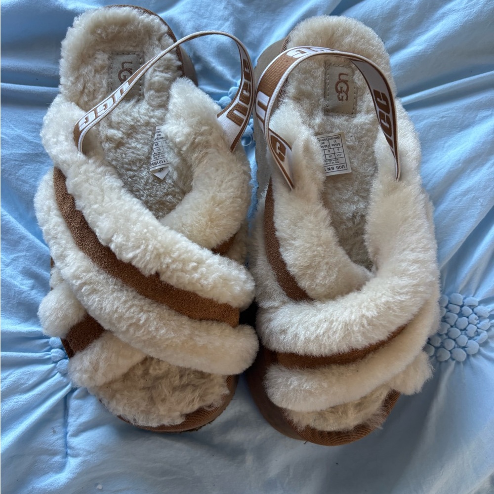 UGG Women's Tan and Cream Fuzzy Slippers